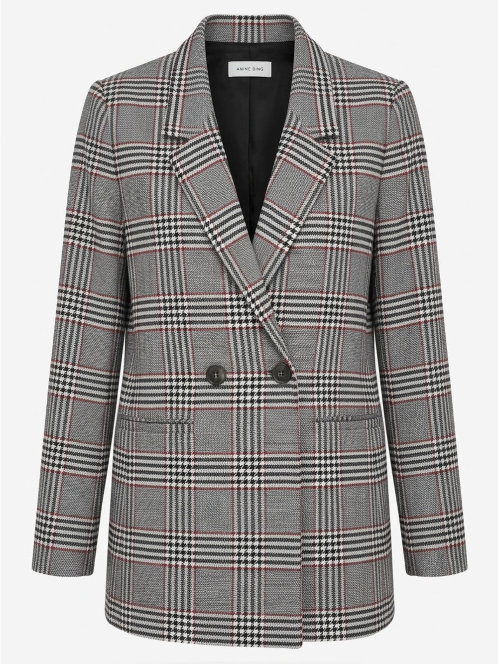 Anine Bing Gray Plaid Double-Breasted Blazer with Subtle Red Windowpane